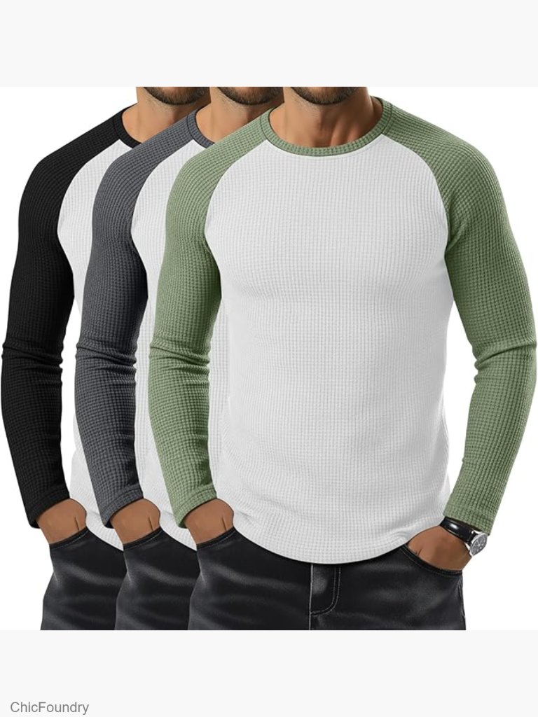 3 Pack Men's Waffle Long Sleeve Baseball Shirts Raglan Tops Casual Vintage